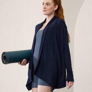 Athleta pranayama open front cardigan top shirt jacket MP petite medium navy